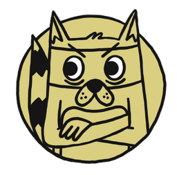 Logo for artist eightyaday, cartoon style illustration of a surly raccoon with his arms crossed