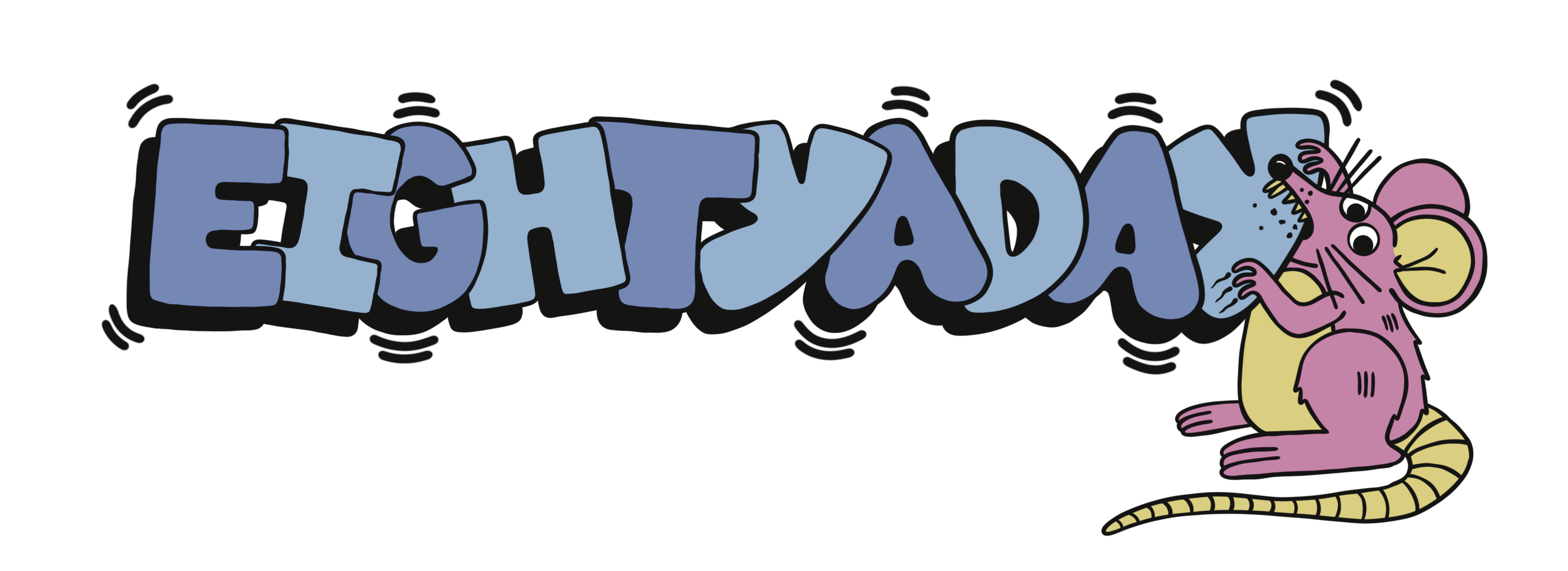 Illustration of the name eightyaday in bubble letters of alternating lighter and darker pastel blues. The 'y' has a little pink and yellow rat chewing on it.